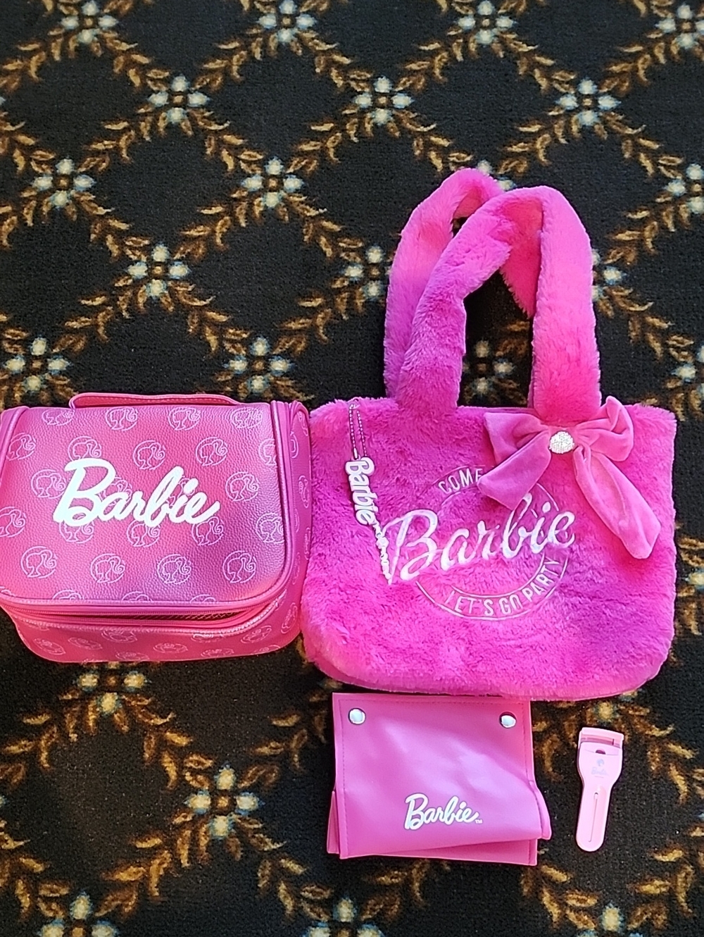Barbie Hot Pink Plush Tote with Matching Pink Accessories